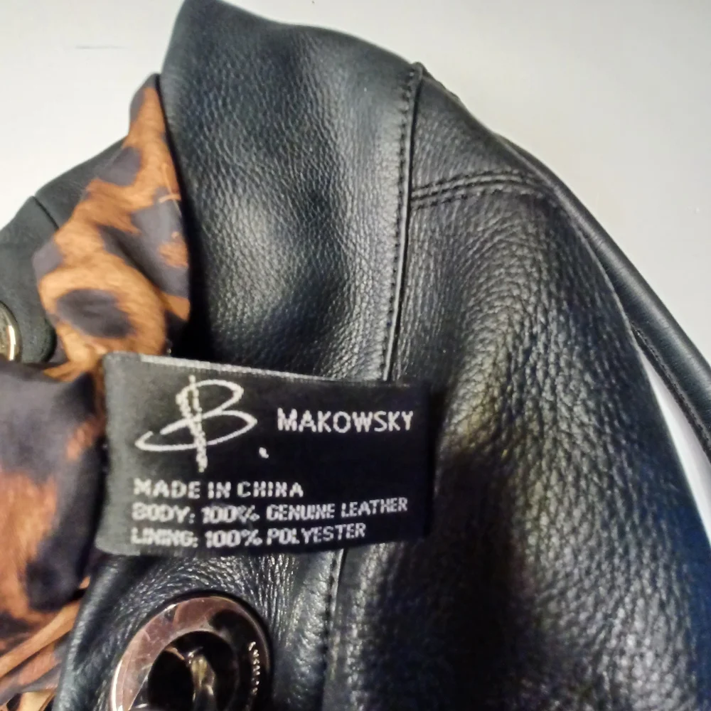 B. Makowsky Leather Hobo Style Moto Purse Shoulder Bag Black